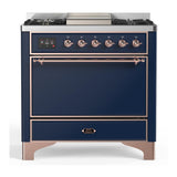 ILVE UM36FQNR3MBPLP Majestic III 36 inch Dual Fuel Range with 6 Black Brass Burners and Griddle, Dual Function Burner up to 25,000 BTU (Solid Door, Midnight Blue, Copper, Liquid Propane)