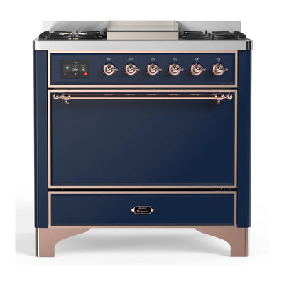 ILVE UM36FQNR3MBPLP Majestic III 36 inch Dual Fuel Range with 6 Black Brass Burners and Griddle, Dual Function Burner up to 25,000 BTU (Solid Door, Midnight Blue, Copper, Liquid Propane)