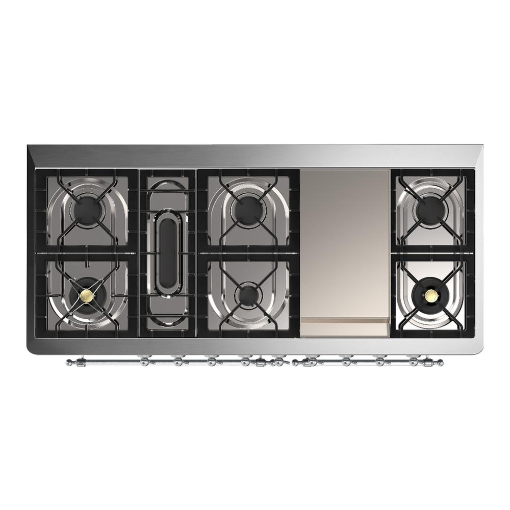 ILVE UM60FQNR3BUC Majestic III 60 inch Dual Fuel Range with 9 Burners and Griddle, Dual Function Burner up to 25,000 BTU (Natural Gas, Solid Door, Burgundy, Chrome)