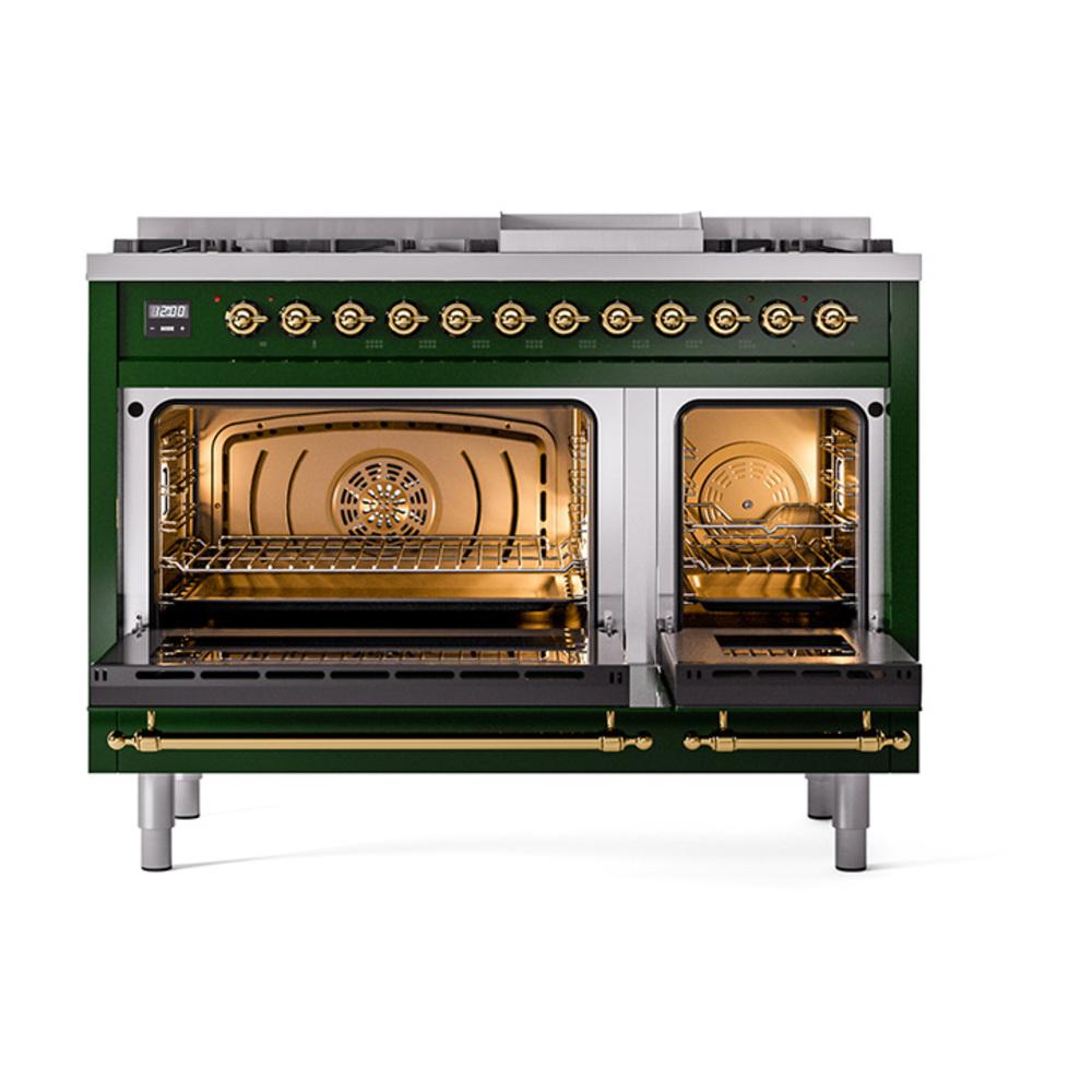 ILVE UN48FNMPEGGLP Nostalgie II Noblesse 48 inch Dual Fuel Range (8 Sealed Burners + Griddle, Liquid Propane, Triple Glass Door, Emerald Green, Brass)