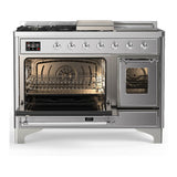 ILVE UM48FSNR3SSCLP Majestic III 48 inch Dual Fuel Range with 5 Black Brass Burners, Griddle and French Top, Dual Function Burner up to 25,000 BTU (Liquid Propane, Triple Glass Door, Stainless Steel, Chrome)