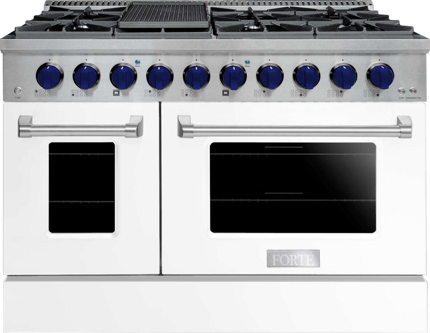 FGR488BWW32 48" All Gas Freestanding Range in White with Blue Knob Kit Set and Black Bezel Kit Set