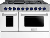 FGR488BWW32 48" All Gas Freestanding Range in White with Blue Knob Kit Set and Black Bezel Kit Set