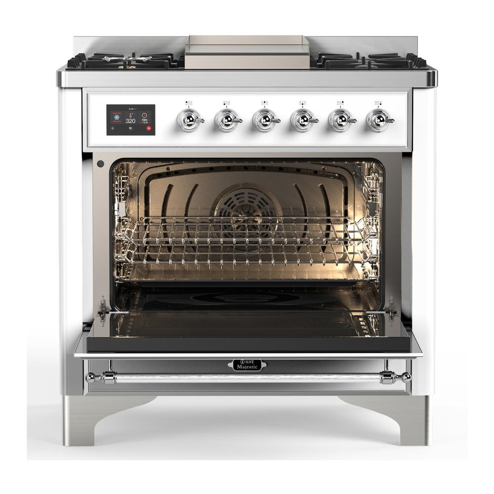 ILVE UM36FNR3WHCLP Majestic III 36 inch Dual Fuel Range with 6 Black Brass Burners and Griddle, Dual Function Burner up to 25,000 BTU (Triple Glass Door, White, Chrome, Liquid Propane)