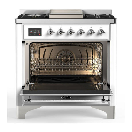 ILVE UM36FNR3WHCLP Majestic III 36 inch Dual Fuel Range with 6 Black Brass Burners and Griddle, Dual Function Burner up to 25,000 BTU (Triple Glass Door, White, Chrome, Liquid Propane)