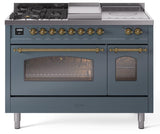 Nostalgie II 48 Inch Dual Fuel Natural Gas Freestanding Range in Blue Grey with Brass Trim