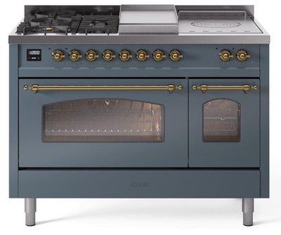 Nostalgie II 48 Inch Dual Fuel Natural Gas Freestanding Range in Blue Grey with Brass Trim