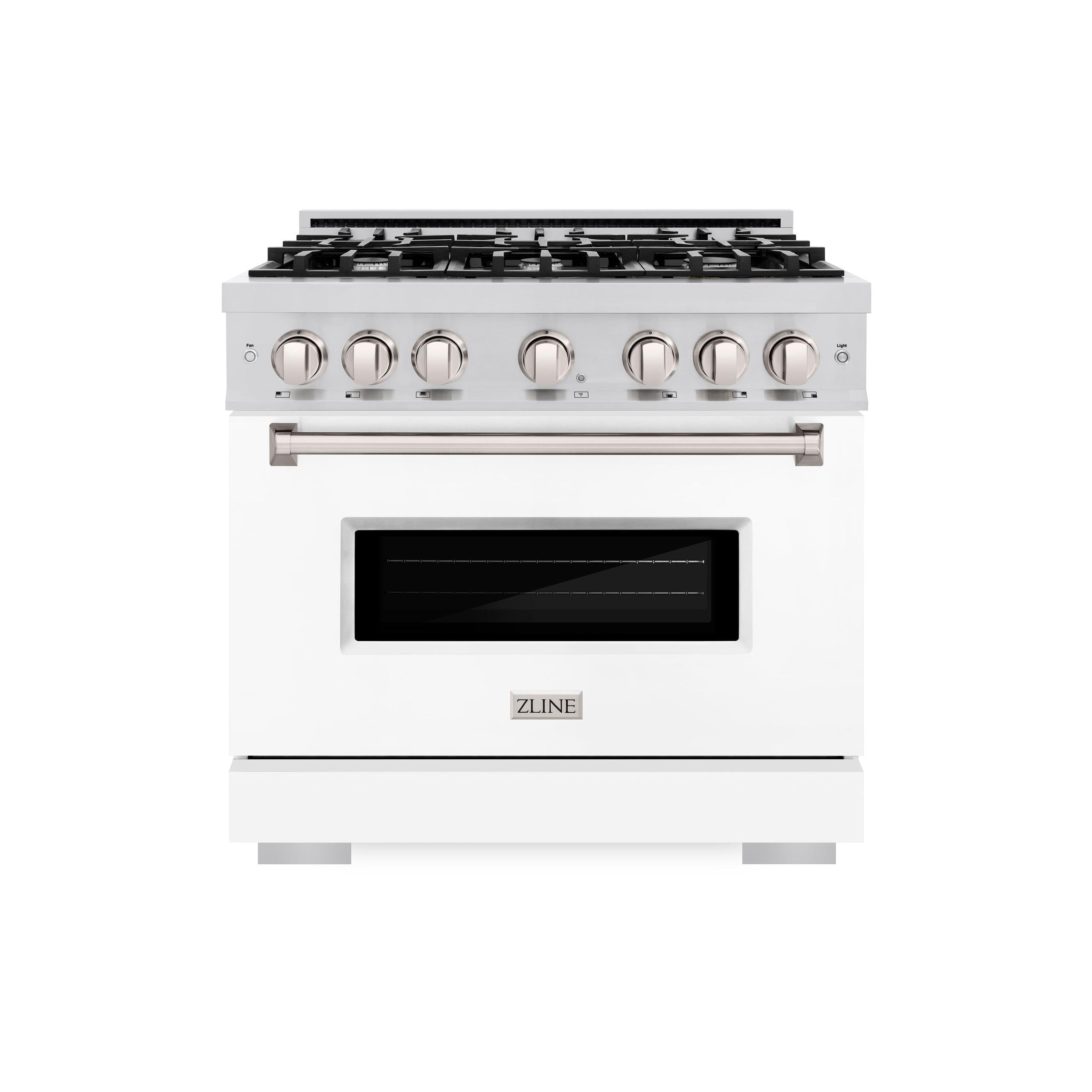 ZLINE 36 in. 5.2 cu. ft. Classic Dual Fuel Range with 6 Burner Gas Cooktop and Electric Convection Oven in Stainless Steel with White Matte Door (CDR-WM-36)