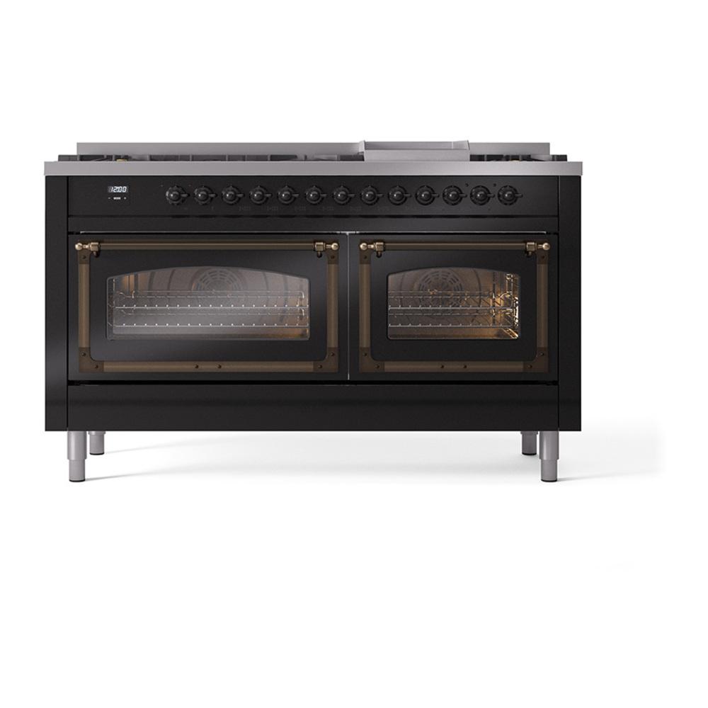 ILVE UN60FNMPBKB Nostalgie II Noblesse 60 inch Dual Fuel Range (9 Sealed Burners + Griddle, Natural Gas, Triple Glass Door, Glossy Black, Burnished)