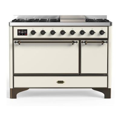ILVE UM48FQNR3AWB Majestic III 48 inch Dual Fuel Range with 8 Burners and Griddle, Dual Function Burner up to 25,000 BTU (Natural Gas, Solid Door, Antique White, Burnished)