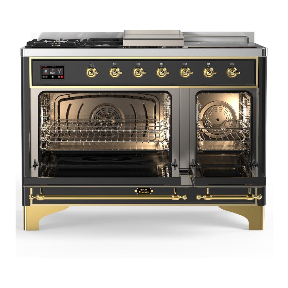 ILVE UM48FSQNR3MGG Majestic III 48 inch Dual Fuel Range with 5 Black Brass Burners, Griddle and French Top, Dual Function Burner up to 25,000 BTU (Natural Gas, Solid Door, Graphite Matte, Brass)