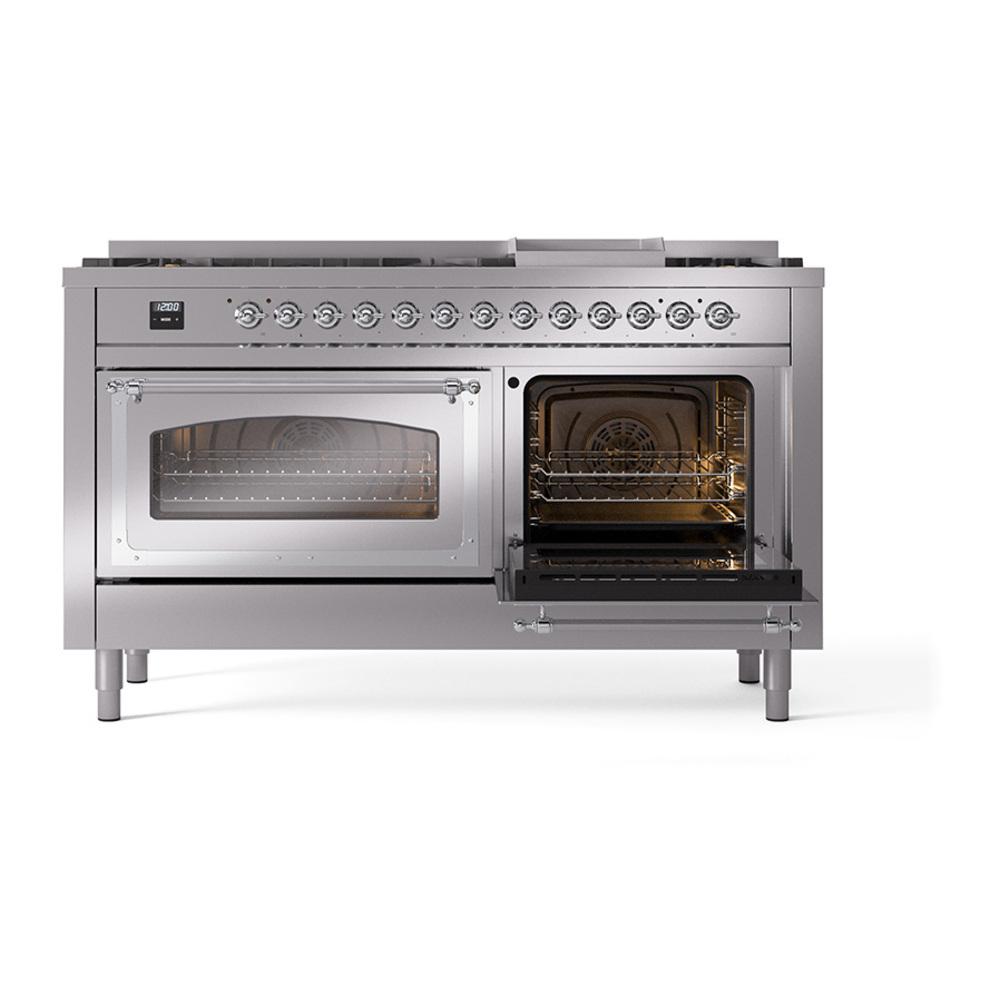 ILVE UN60FNMPSSCLP Nostalgie II Noblesse 60 inch Dual Fuel Range (9 Sealed Burners + Griddle, Liquid Propane, Triple Glass Door, Stainless Steel, Chrome)