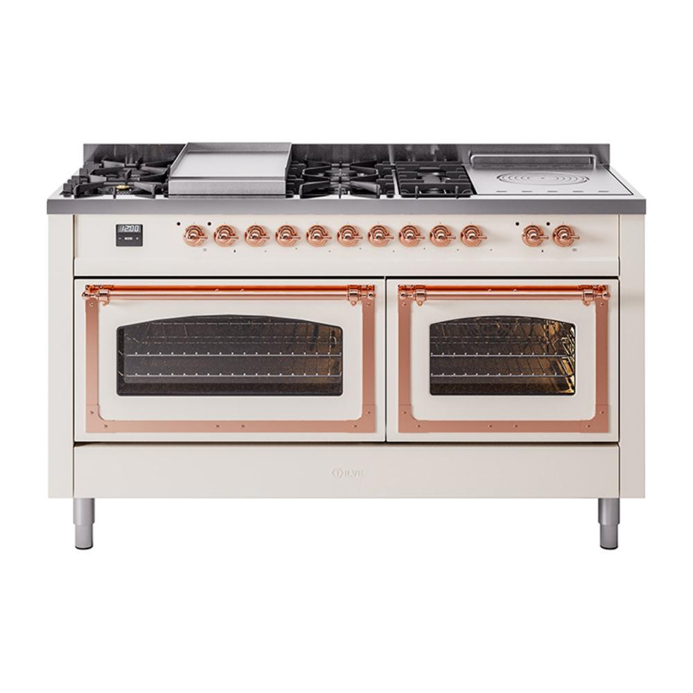 ILVE UN60FSNMPAWPLP Nostalgie II Noblesse 60 inch Dual Fuel Range (7 Sealed Burners + Griddle + French Top, Liquid Propane, Triple Glass Door, Antique White, Copper)