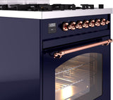 Nostalgie II 30 Inch Dual Fuel Natural Gas Freestanding Range in Blue with Copper Trim