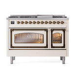 ILVE UN48FNMPAWBLP Nostalgie II Noblesse 48 inch Dual Fuel Range (8 Sealed Burners + Griddle, Liquid Propane, Triple Glass Door, Antique White, Burnished)