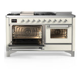ILVE UM60FSNR3AWCLP Majestic III 60 inch Dual Fuel Range with 7 Burners, Griddle and French Top, Dual Function Burner with up to 25,000 BTU (Liquid Propane, Triple Glass Door, Antique White, Chrome)