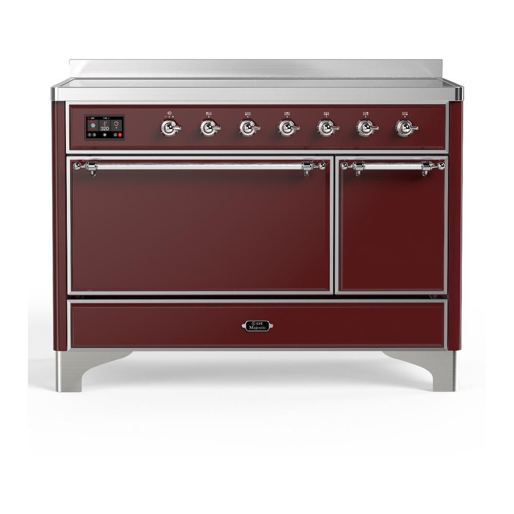 ILVE UMIB48QNR3BUC Majestic III 48 inch Induction Range with 6 Elements, 5.02 cu. ft. Total Oven Capacity (Solid Door, Burgundy, Chrome)
