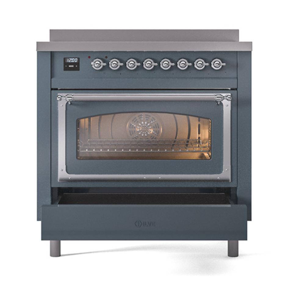 ILVE UNI366NMPBGC Nostalgie II Noblesse 36 inch Induction Range (Triple Glass Door, Blue Grey, Chrome)
