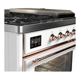 ILVE UM48FSNR3WHPLP Majestic III 48 inch Dual Fuel Range with 5 Black Brass Burners, Griddle and French Top, Dual Function Burner up to 25,000 BTU (Liquid Propane, Triple Glass Door, White, Copper)