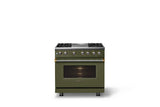 36"W. Dual Fuel Range (Burner: 4g, Finish: Martini, Trim: Brushed Brass, Fuel: Natural Gas)