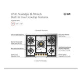 ILVE UHCPT75NSSC Nostalgie II 30 inch Built-In Gas Cooktop with 5 Burners, in Stainless Steel (Natural Gas, Chrome)