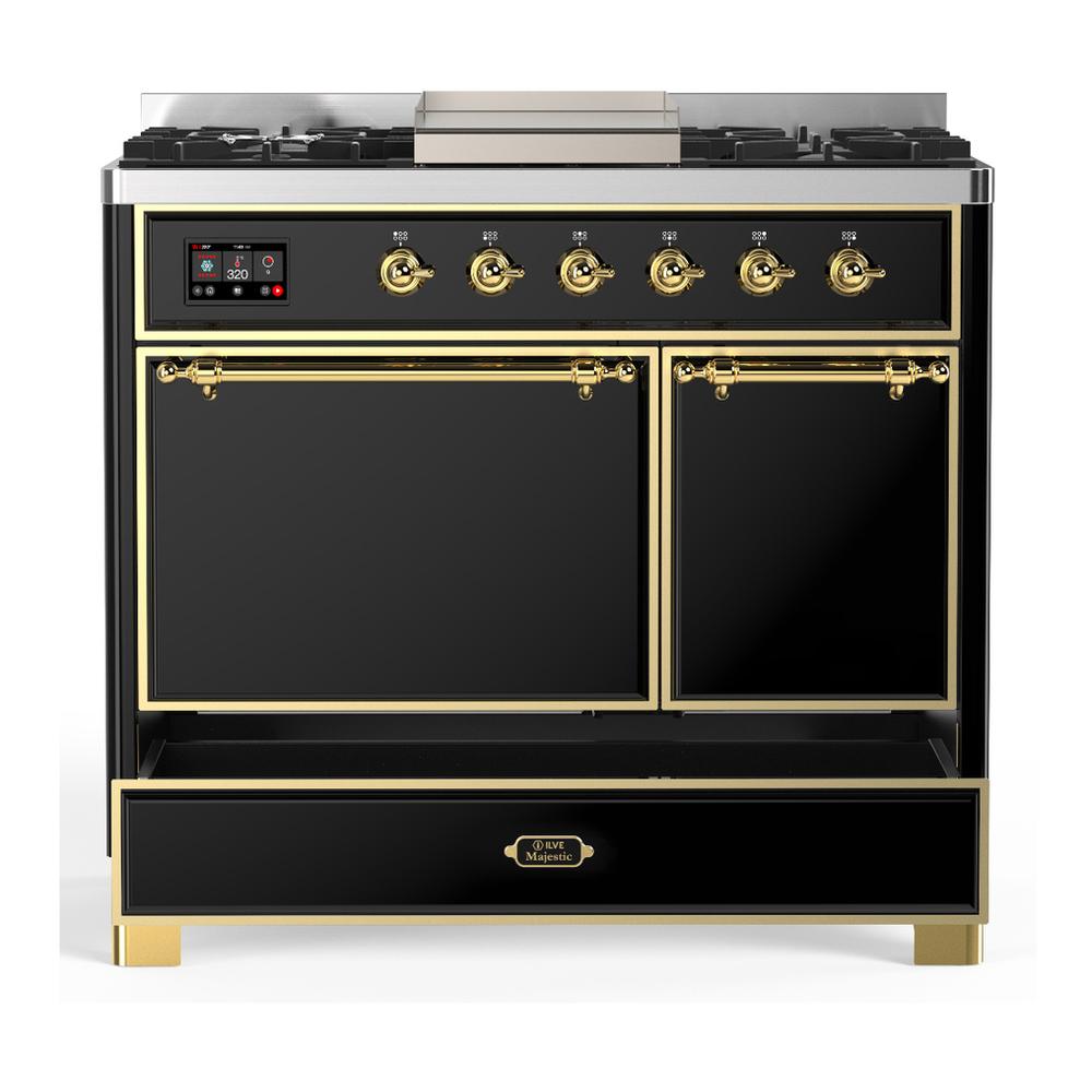 ILVE UMD40FQNR3BKGLP Majestic III 40 inch Dual Fuel Range with 6 Burners and Griddle, Dual Function Burner up to 25,000 BTU (Liquid Propane, Solid Door, Glossy Black, Brass)
