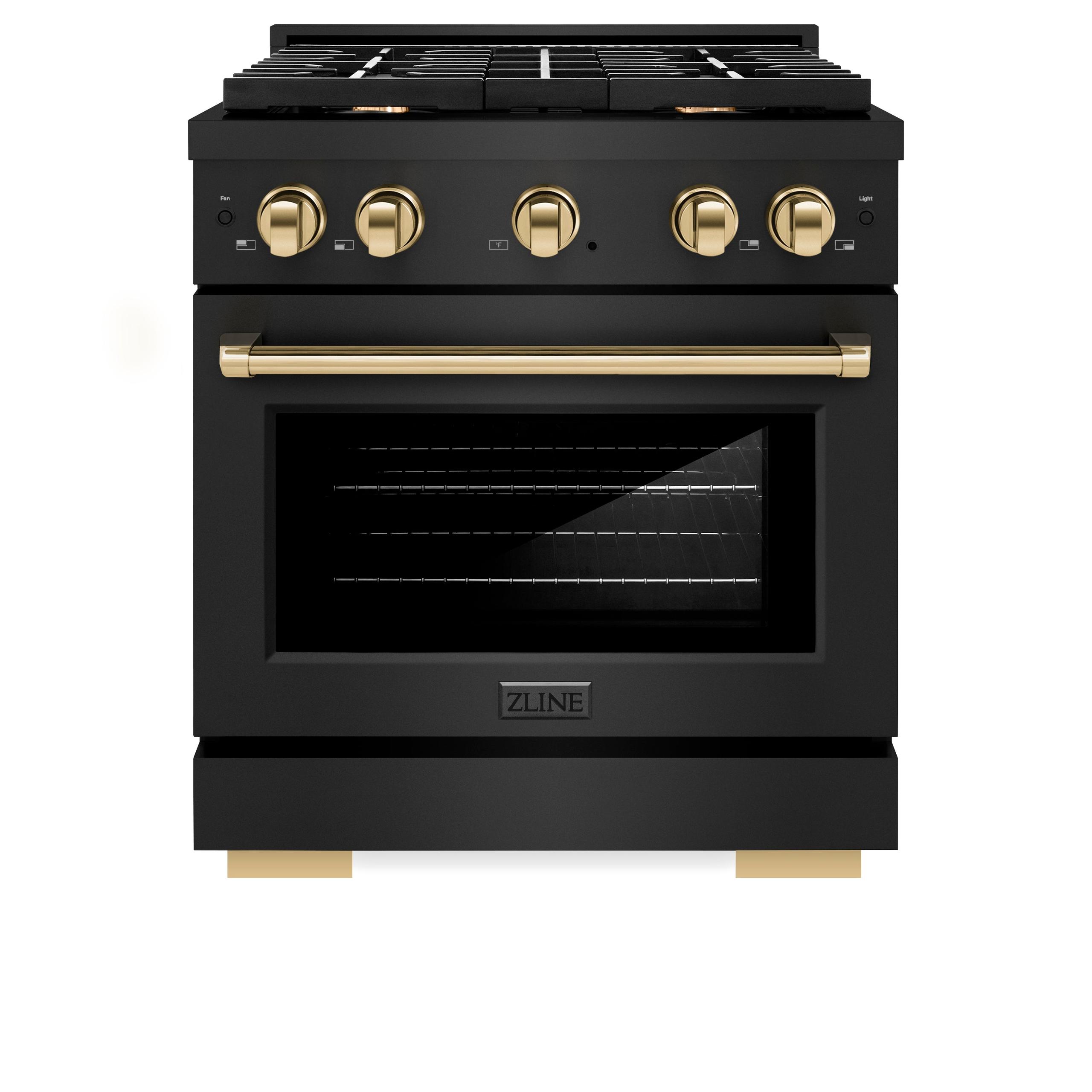ZLINE Autograph Edition 30 in. 4.2 cu. ft. 4 Burner Gas Range with Convection Gas Oven in Black Stainless Steel and Polished Gold Accents (SGRBZ-30-G)