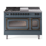 ILVE UN48FSNMPBGBLP Nostalgie II Noblesse 48 inch Dual Fuel Range (5 Sealed Burners + Griddle + French Top, Liquid Propane, Triple Glass Door, Blue Grey, Burnished)