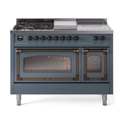 ILVE UN48FSNMPBGBLP Nostalgie II Noblesse 48 inch Dual Fuel Range (5 Sealed Burners + Griddle + French Top, Liquid Propane, Triple Glass Door, Blue Grey, Burnished)