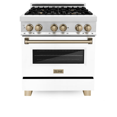 ZLINE Autograph Edition 30 in. 4.0 cu. ft. Dual Fuel Range with Gas Stove and Electric Oven in Stainless Steel with White Matte Door and Accents (RAZ-WM-30) [Color: Champagne Bronze]