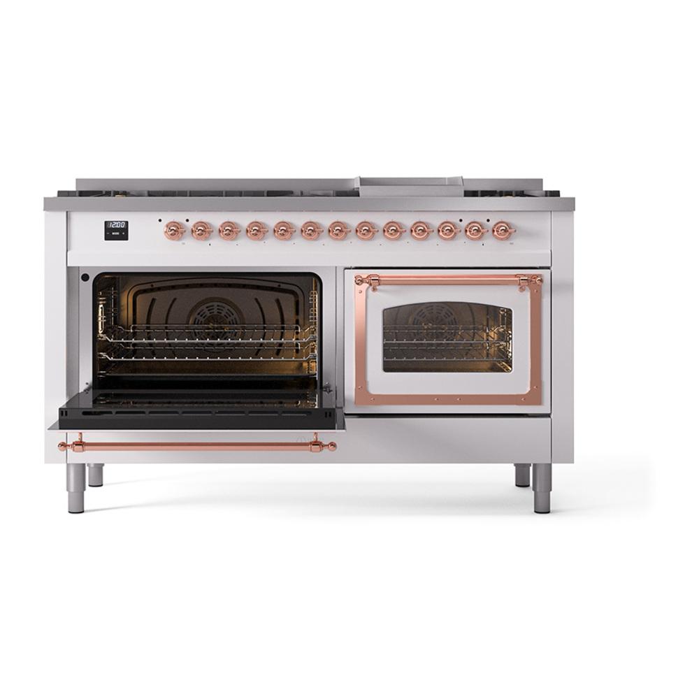 ILVE UN60FNMPWHP Nostalgie II Noblesse 60 inch Dual Fuel Range (9 Sealed Burners + Griddle, Natural Gas, Triple Glass Door, White, Copper)