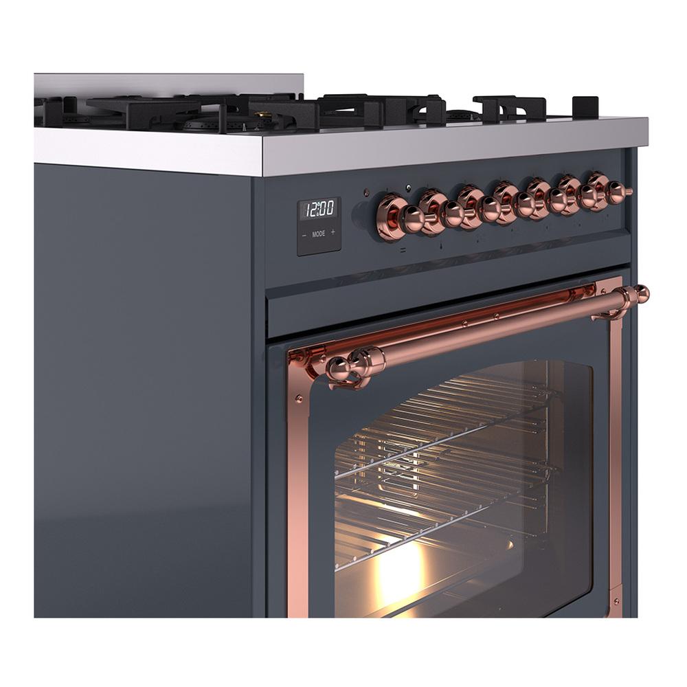 ILVE UN30NMPBGP Nostalgie II Noblesse 30 inch Dual Fuel Range (Natural Gas, Triple Glass Door, Blue Grey, Copper)