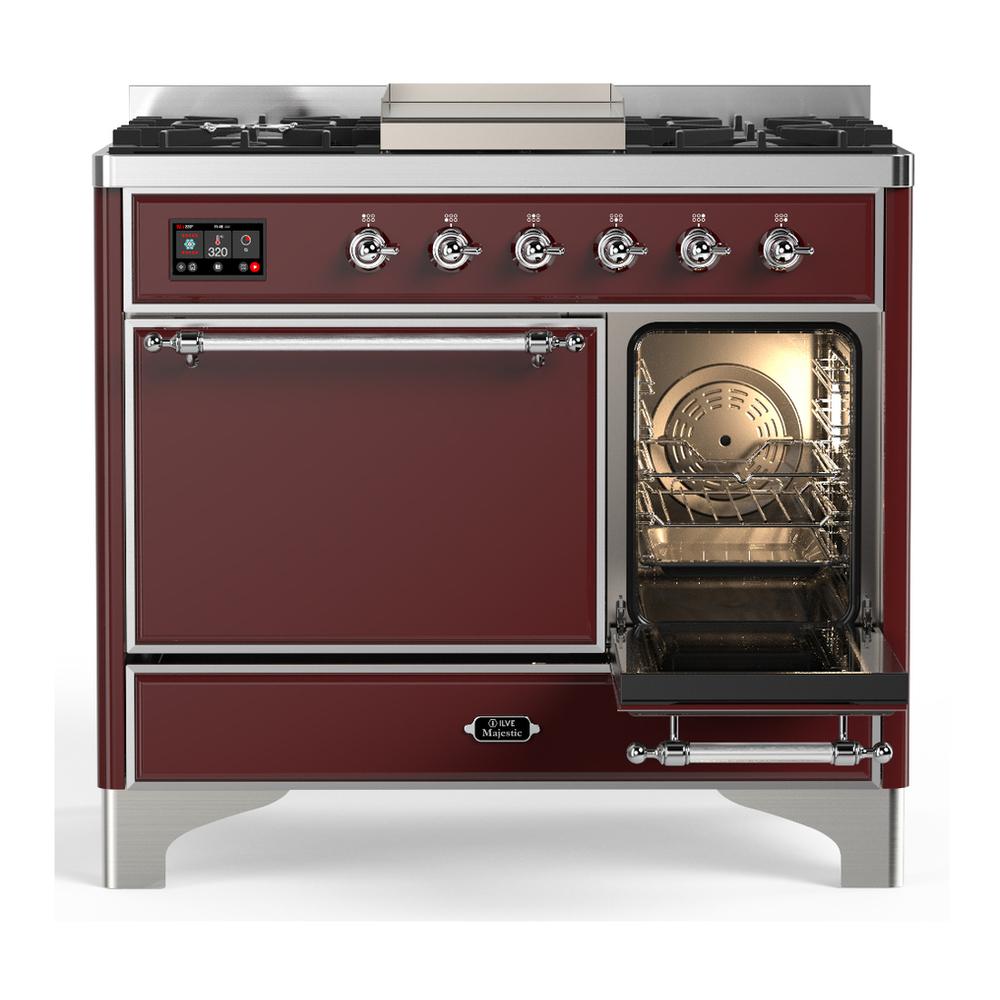ILVE UMD40FQNR3BUC Majestic III 40 inch Dual Fuel Range with 6 Burners and Griddle, Dual Function Burner up to 25,000 BTU (Natural Gas, Solid Door, Burgundy, Chrome)
