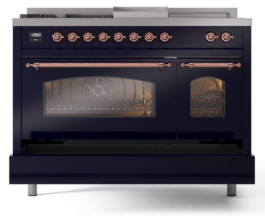 Nostalgie II 48 Inch Dual Fuel Natural Gas Freestanding Range in Blue with Copper Trim