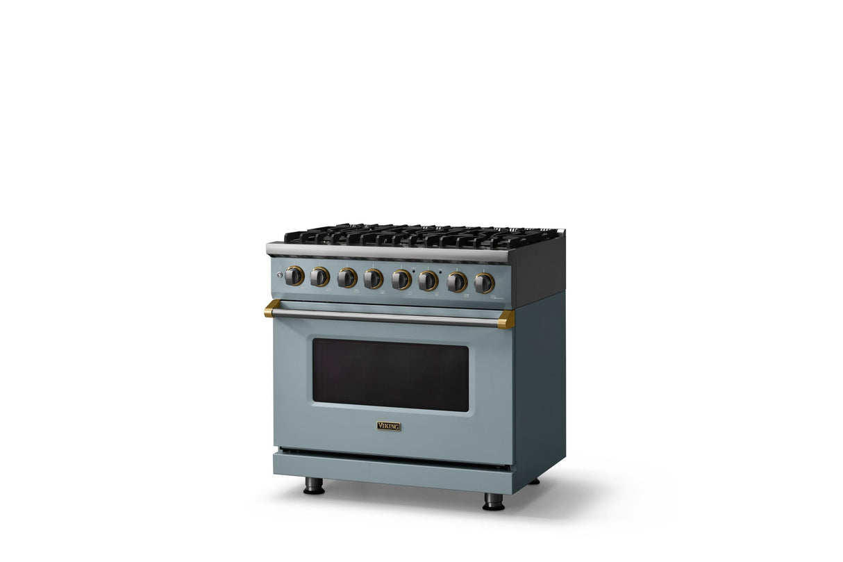 36"W. Dual Fuel Range (Burner: 6b, Finish: November Sky, Trim: Brushed Brass, Fuel: Natural Gas)