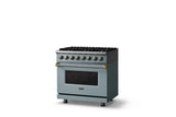 36"W. Dual Fuel Range (Burner: 6b, Finish: November Sky, Trim: Brushed Brass, Fuel: Natural Gas)