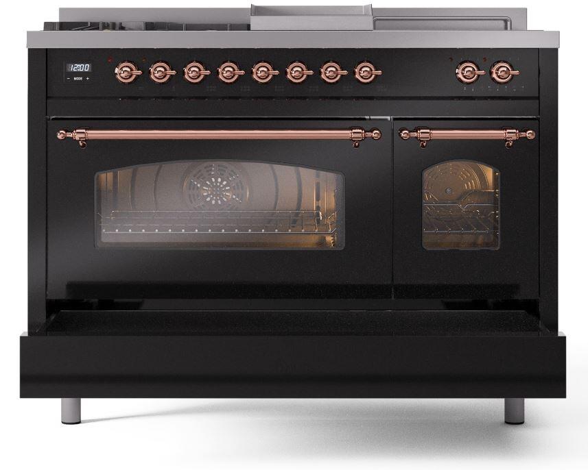 Nostalgie II 48 Inch Dual Fuel Liquid Propane Freestanding Range in Glossy Black with Copper Trim