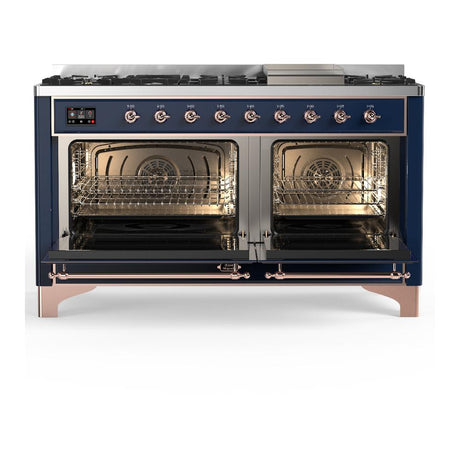 ILVE UM60FNR3MBP Majestic III 60 inch Dual Fuel Range with 9 Burners and Griddle, Dual Function Burner up to 25,000 BTU (Natural Gas, Triple Glass Door, Midnight Blue, Copper)