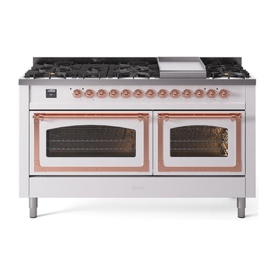 ILVE UN60FNMPWHP Nostalgie II Noblesse 60 inch Dual Fuel Range (9 Sealed Burners + Griddle, Natural Gas, Triple Glass Door, White, Copper)