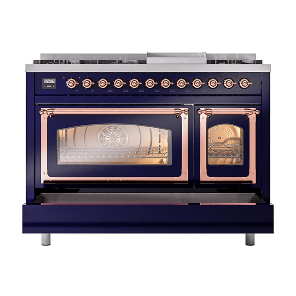 ILVE UN48FNMPMBPLP Nostalgie II Noblesse 48 inch Dual Fuel Range (8 Sealed Burners + Griddle, Liquid Propane, Triple Glass Door, Midnight Blue, Copper)