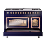 ILVE UN48FNMPMBPLP Nostalgie II Noblesse 48 inch Dual Fuel Range (8 Sealed Burners + Griddle, Liquid Propane, Triple Glass Door, Midnight Blue, Copper)
