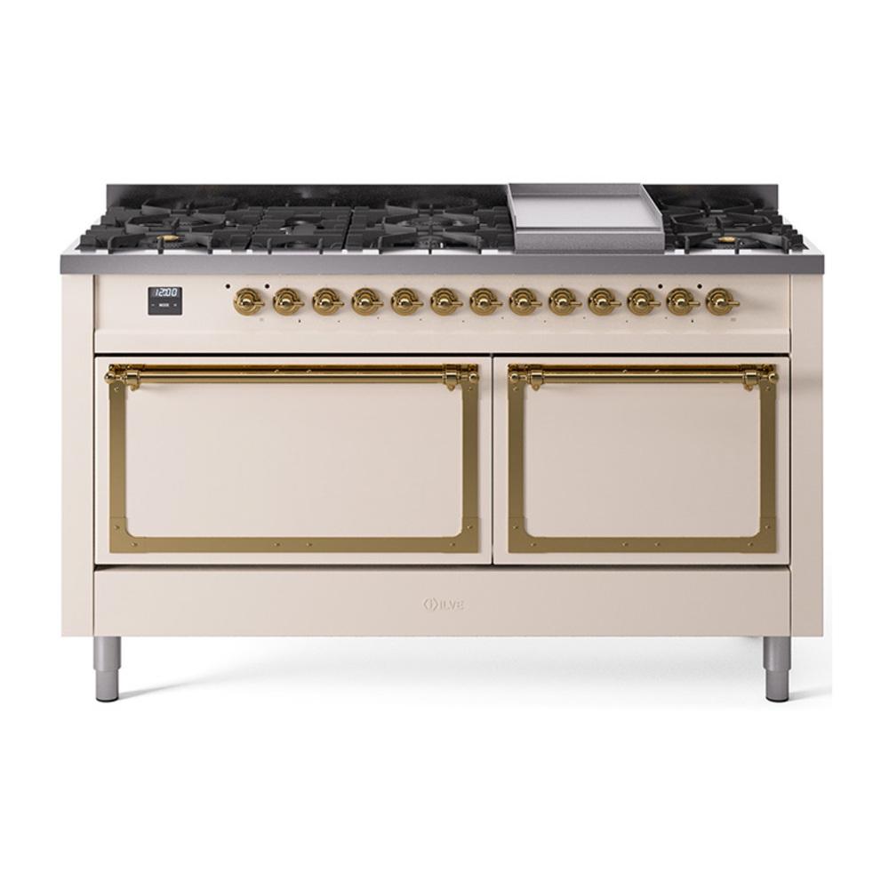 ILVE UN60FQNMPAWGLP Nostalgie II Noblesse 60 inch Dual Fuel Range (9 Sealed Burners + Griddle, Liquid Propane, Solid Door, Antique White, Brass)