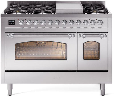 Nostalgie II 48 Inch Dual Fuel Natural Gas Freestanding Range in Stainless Steel with Chrome Trim
