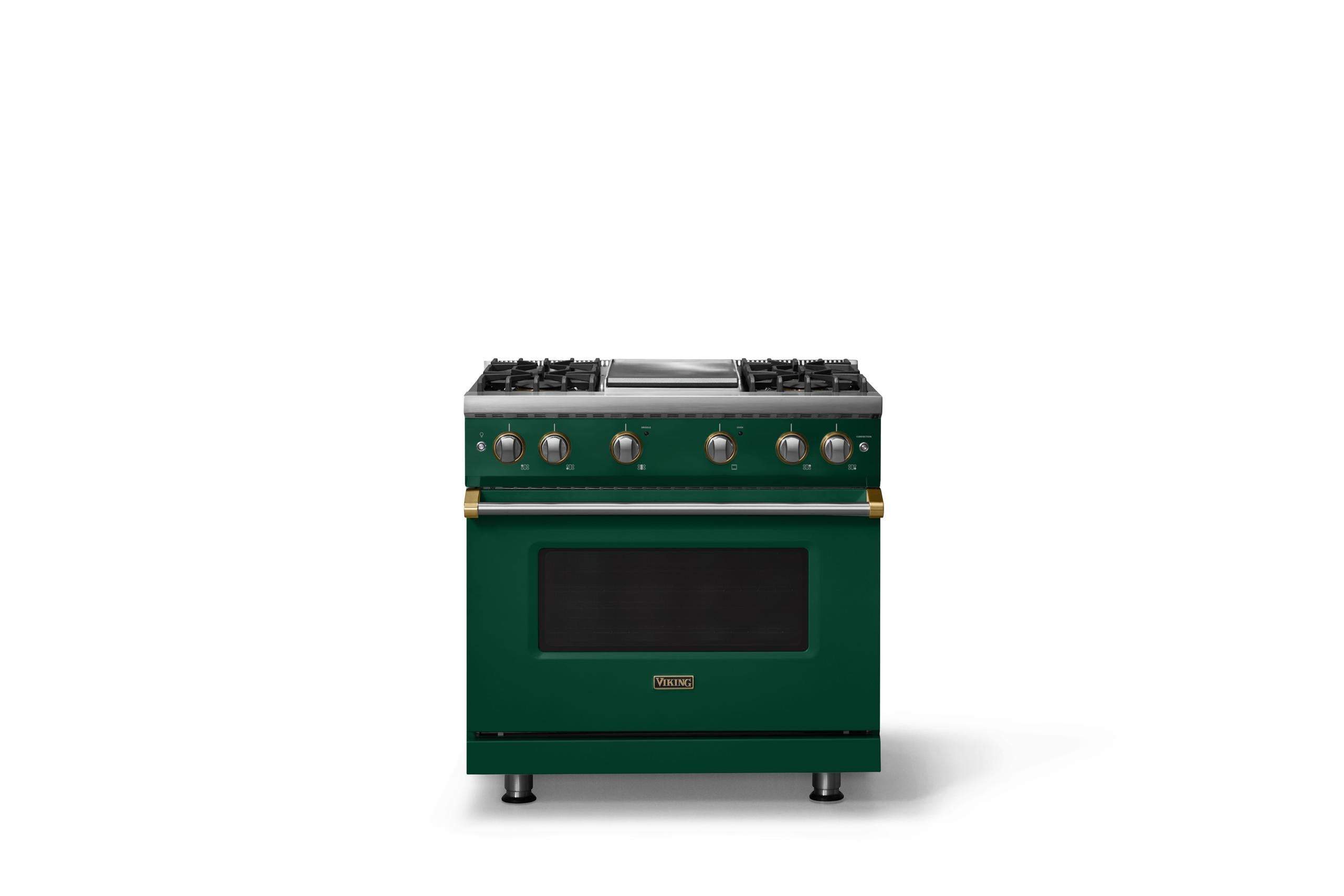 36"W. Sealed Burner Gas Range (Burner: 4g, Finish: Ivy, Trim: Brushed Brass, Fuel: Natural Gas)
