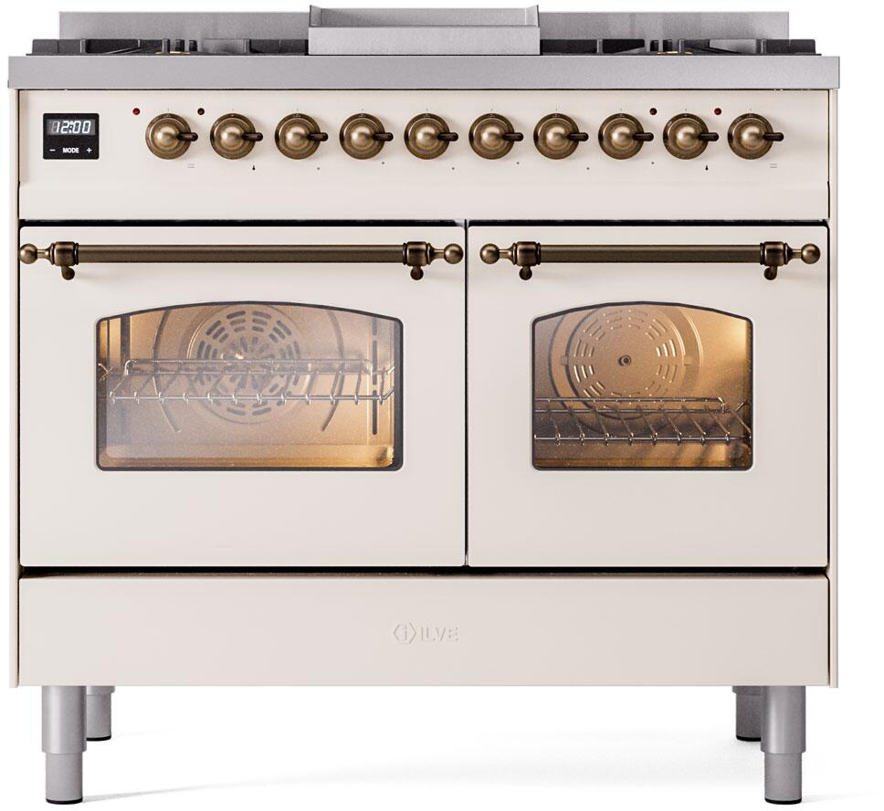 Nostalgie II 40 Inch Dual Fuel Natural Gas Freestanding Range in Antique White with Bronze Trim