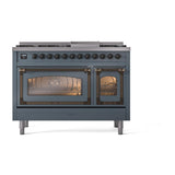 ILVE UN48FNMPBGB Nostalgie II Noblesse 48 inch Dual Fuel Range (8 Sealed Burners + Griddle, Natural Gas, Triple Glass Door, Blue Grey, Burnished)
