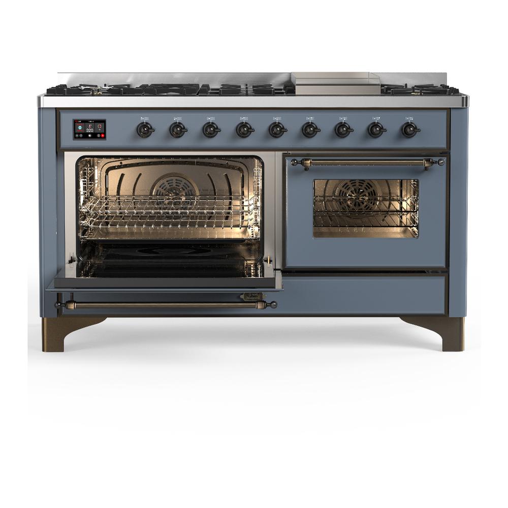 ILVE UM60FNR3BGB Majestic III 60 inch Dual Fuel Range with 9 Burners and Griddle, Dual Function Burner up to 25,000 BTU (Natural Gas, Triple Glass Door, Blue Grey, Burnished)