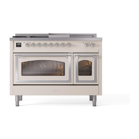 ILVE UN48FSNMPAWCLP Nostalgie II Noblesse 48 inch Dual Fuel Range (5 Sealed Burners + Griddle + French Top, Liquid Propane, Triple Glass Door, Antique White, Chrome)