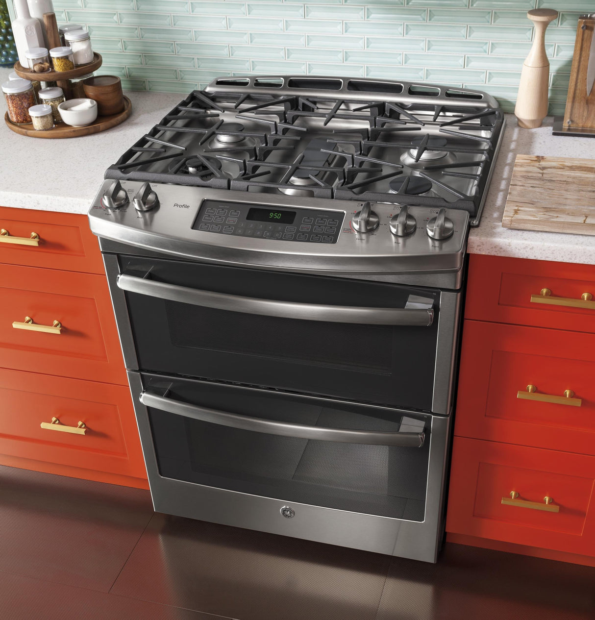 GE Profile™ Series 30" Slide-In Front Control Double Oven Gas Range