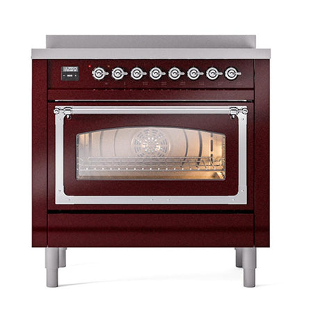 ILVE UNI366NMPBUC Nostalgie II Noblesse 36 inch Induction Range (Triple Glass Door, Burgundy, Chrome)